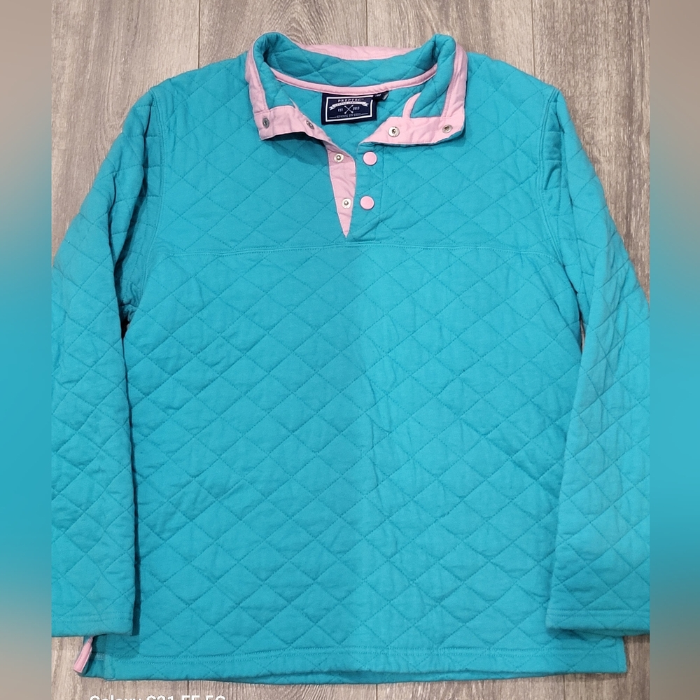 Lauren James Teal Quilted Pullover with Pink Trim